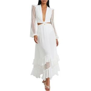 PatBo Plunge Lace Sleeve Maxi Dress in White.Size M